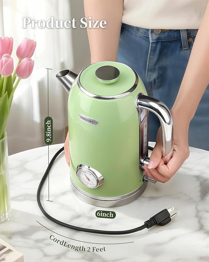 Retro Electric Kettle, 1.8L Hot Water Kettle Electric with Thermometer, 1200W Fast Heating Stainless Steel Tea Kettle for Boiling Water, Cordless, LED Indicator, Auto Shut-Off, Green