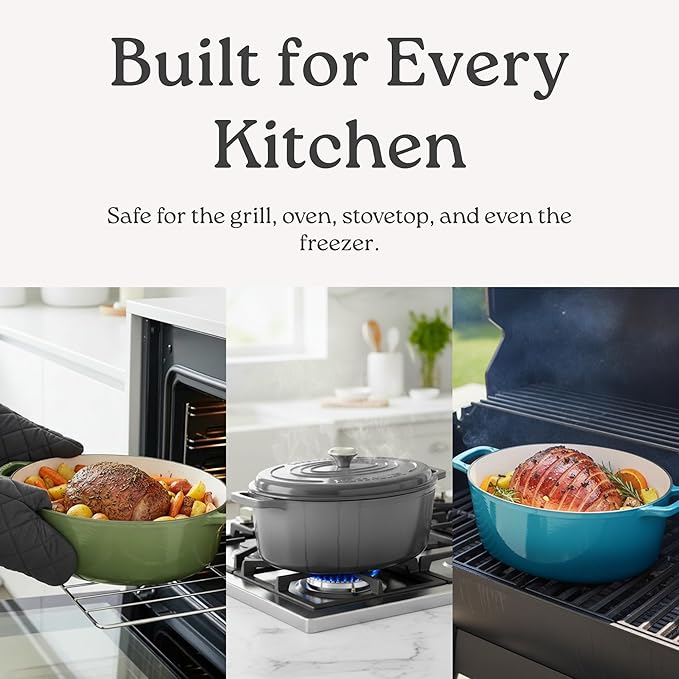 Signature Enameled Cast Iron Oval Dutch Oven | Non-Stick Serving Pot with Tight Fitting Lid for Perfect Roasting, Baking, Sauteing, and Bread Making | 15.5Q [Ocean Blue]