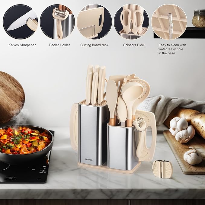 RAXCO Kitchen Set,18-Piece Silicone Cooking Utensils and Stainless Steel Chef's Knives,Khaki