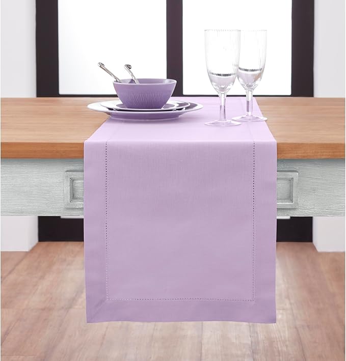 Solino Home Cotton Linen Table Runner 60 Inches - Lavender Ice Hemstitch Table Runner 14 x 60 Inch Ideal for Dresser and Coffee Tables - Summer