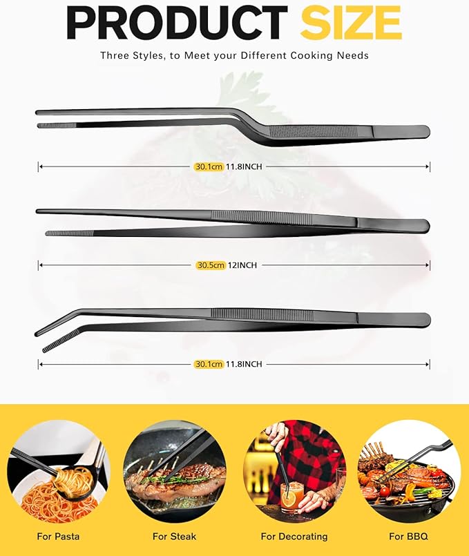 Fine Cooking Tweezers Set, Professional Stainless Steel Food Tongs, Kitchen Black Long Chef Tweezer for Cooking, Plating, Decorating and BBQ (BLACK, 12 inch)