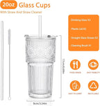20oz Ribbed & Floral Glass Tumbler Set of 2 – Reusable Glass Cups with Lid and Glass Straw, To-Go Iced Coffee Cups for Water, Smoothie, Milk, Cocktail & More – Perfect for Daily Use & Travel
