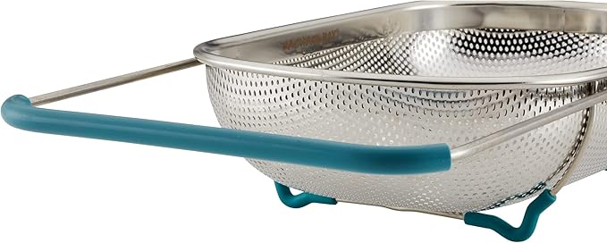 Rachael Ray Tools and Gadgets Over-The-Sink Colander/Strainer, 4.5 Quart, Stainless Steel with Agave Blue Handles