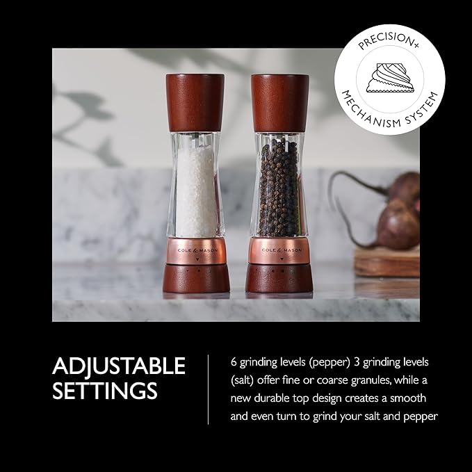 Cole & Mason Derwent Salt & Pepper Mill Gift Set - Salt & Pepper Shaker & Grinder with Adjustable Coarseness - Gourmet Precision Mill Set - Stainless Steel & Acrylic Grinders - Rose Gold