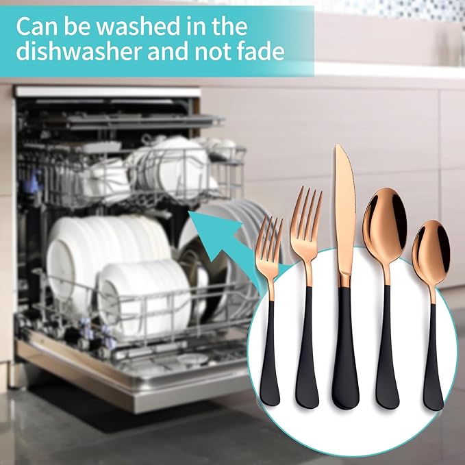 20-Piece Rose Gold and Black Silverware Set for 4 - 18/0 Stainless Steel Flatware Cutlery Utensils, Include Dinner Knives, Forks, Spoons, Salad Forks, Teaspoons, Dishwasher Safe