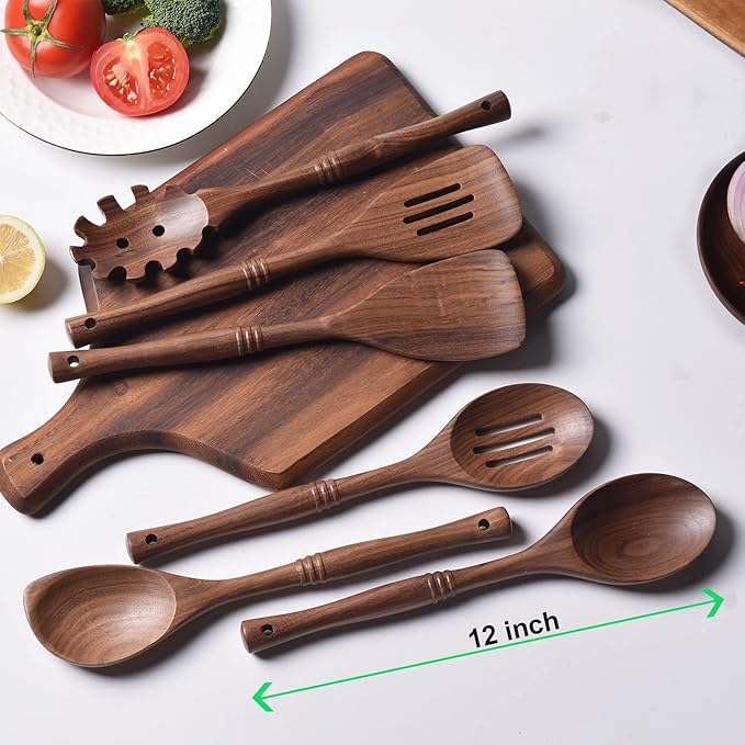 Gudamaye 12 inch Black Walnut Wooden Utensils - 6 Pcs Crafting Spoon Set for Cooking