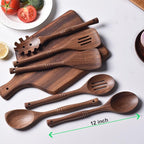 Gudamaye 12 inch Black Walnut Wooden Utensils - 6 Pcs Crafting Spoon Set for Cooking