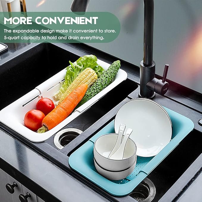 Collapsible Colander Kitchen Extendable Strainer Fruits Vegetables Noodle Pasta Food Drain Basket Space-Saver Portable Drainer Over Sink (Green)