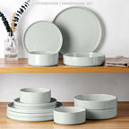 Stoneware Dinnerware Sets, Onader 8 Piece Plates and Bowls Dishes Sets for 2, Speckled Kitchen Dishware Dining Ware with Double Bowl – Pale Sage Green