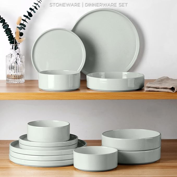 Stoneware Dinnerware Sets, Onader 8 Piece Plates and Bowls Dishes Sets for 2, Speckled Kitchen Dishware Dining Ware with Double Bowl – Pale Sage Green