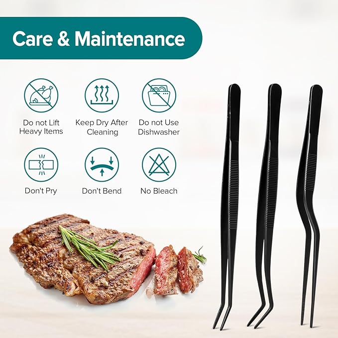 Kitchen Tweezer Tongs Set,6 Pcs Kitchen Tweezers,6.3" Cooking Tweezers Set,Stainless-Steel Food Chef Culinary Tweezers Tongs for Baking Decorating Feeding Plating,Black