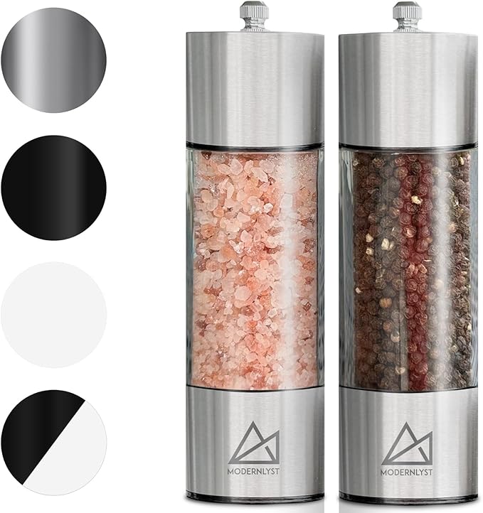 Salt and Pepper Grinder Set Manual 2 Pack | Large Round Salt and Pepper Shakers Set | 7.5 inch Stainless Steel Salt Grinder Refillable | Manual Pepper Grinder (Stainless Steel)