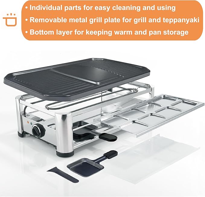 TAMARIT Raclette Cheese Table Grill Portable Electric Indoor Korean BBQ Grill 1400 W Raclette Party Grill with Iron Nonstick Extra Large Grill Plate Raclette Grill for Home Party, Stainless Steel