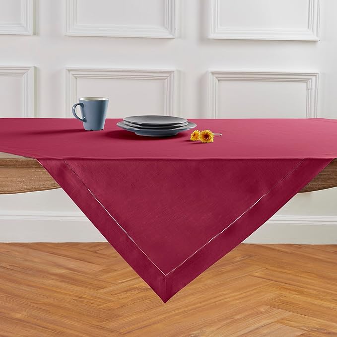 Solino Home Linen Tablecloth 52 x 52 Inch - 100% Pure Linen Beet Square Tablecloth - Classic Hemstitch, Machine Washable Table Throw for Summer, Fall, Autumn
