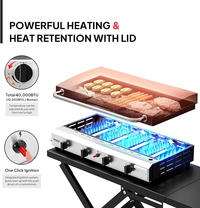 ROVSUN 4 Burner Foldable Propane Griddle with Wheels, Enameled Tray & Lid, 40000 BTU Portable Rolling Flat Top Gas Grill with Electronic Ignition & Regulator for Outdoor Cooking Camping BBQ Tailgating