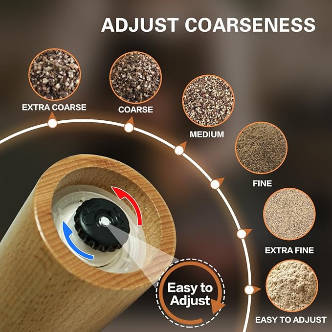 Wooden Pepper Grinder – 【Gear-Shape Knob & Effortless Grinding】8 in Salt Grinder Refillable & Pepper Mill with Adjustable Coarseness,Beech + Black Walnut, Premium Ceramic Mechanism for both kitchen
