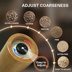 Wooden Pepper Grinder – 【Gear-Shape Knob & Effortless Grinding】8 in Salt Grinder Refillable & Pepper Mill with Adjustable Coarseness,Beech + Black Walnut, Premium Ceramic Mechanism for both kitchen