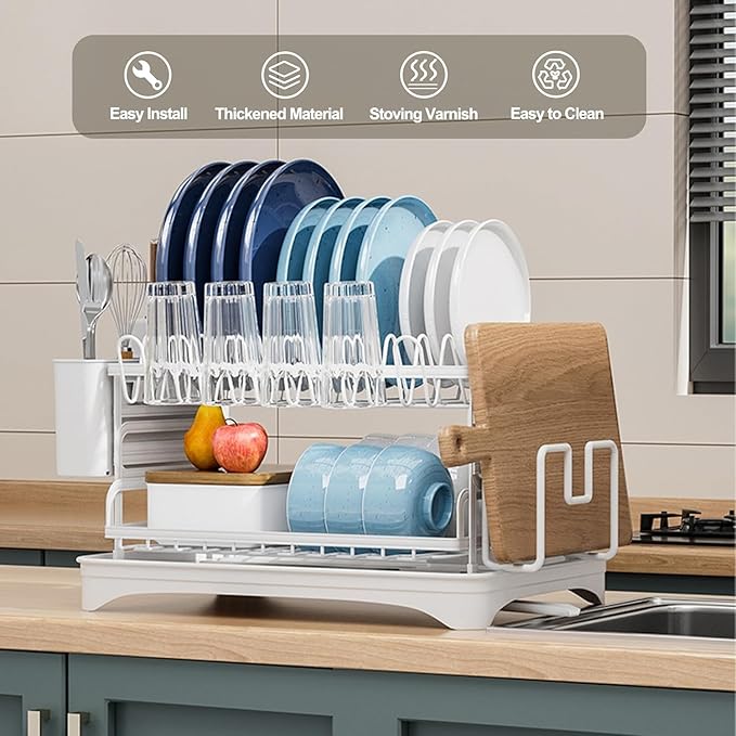 Kitchen Dish Drying Rack, Large 2-Tier Dish Drying Rack with Draining Board, Kitchen Countertop Organizer, Multi-Use Utensil Organizer and Cup Holder, White
