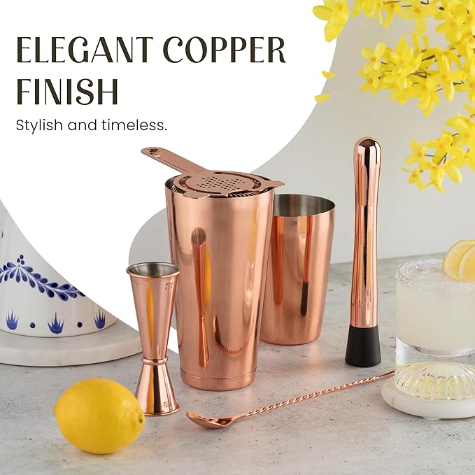 Mixology & Craft Cocktail Shaker Set - 11-Piece Bar Accessories Kit w/Weighted Boston Shaker, Strainer, Jigger, Muddler and More - Home Bartending Tools, Accessories for Bartender, Copper