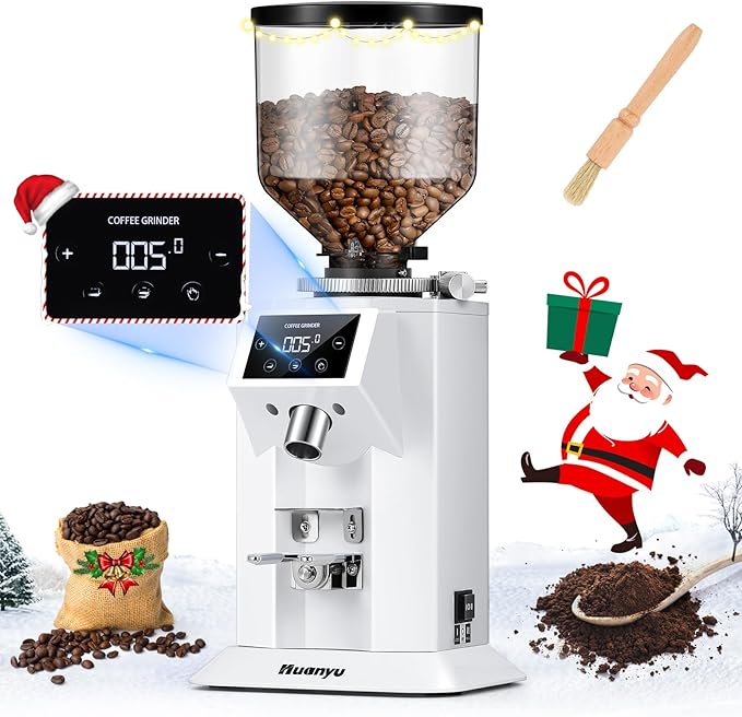 Huanyu Professional Coffee Grinder with 74mm Flat Burr 53ounce Bean Hopper 15 Infinite Grinding Settings Electric Coffee Grinder with Touching Screen White