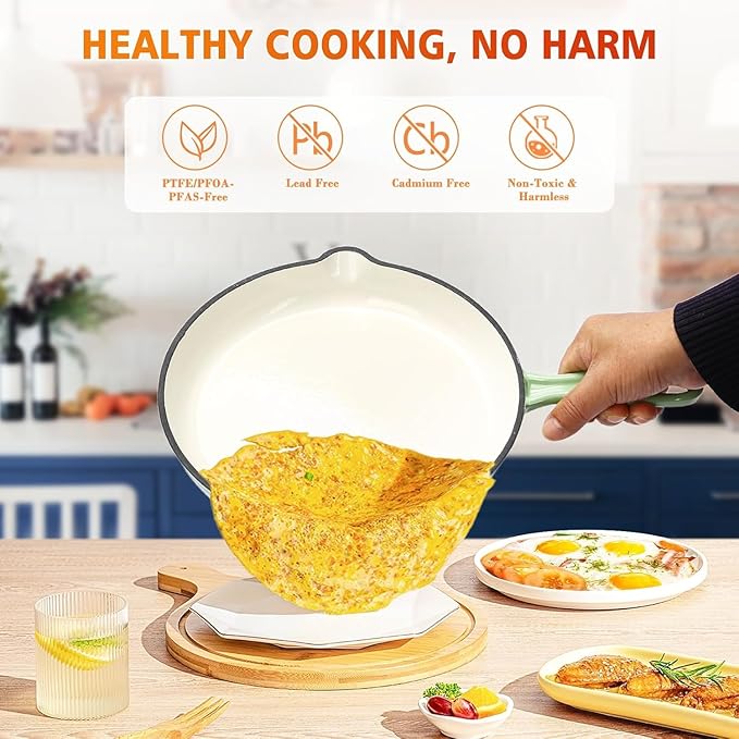 Hisencn Enameled Cast Iron Cookware Set - 7 Piece Set of Dutch Ovens, Sauce Pan, Skillet, 3 Lids, Dutch Oven Set, Ceramic Coated Cast Iron, Heavy Duty, Gas/Induction Compatible (Pistachio Green)