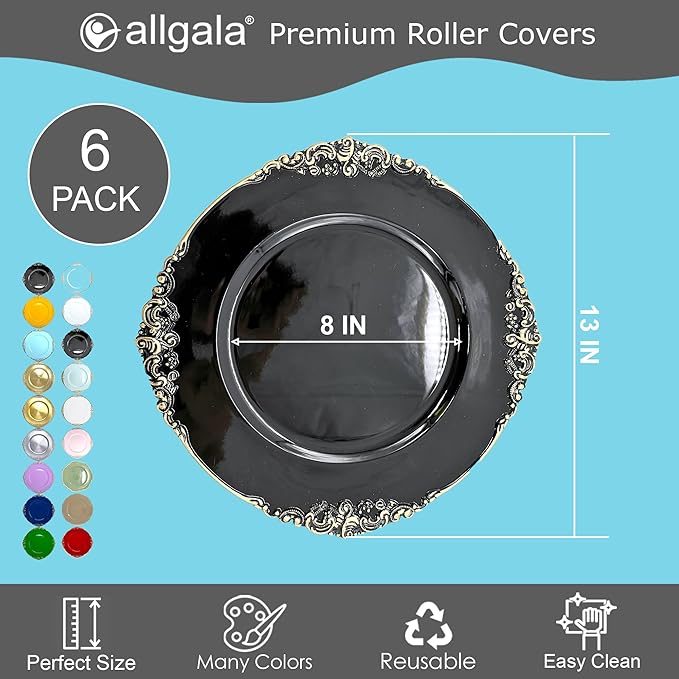 allgala 13-Inch 6-Pack Heavy Quality Round Charger Plates-Floral Black Gold Trim-HD80343