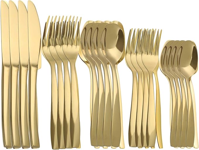 Gold 20 Piece Silverware Set,Stainless Steel Flatware Set for 4,18/0 Rust-Proof Cutlery Set with Forks & Spoons,Mirror Polished Dishwasher Safe - Heavy Duty Tableware for Home & Dining