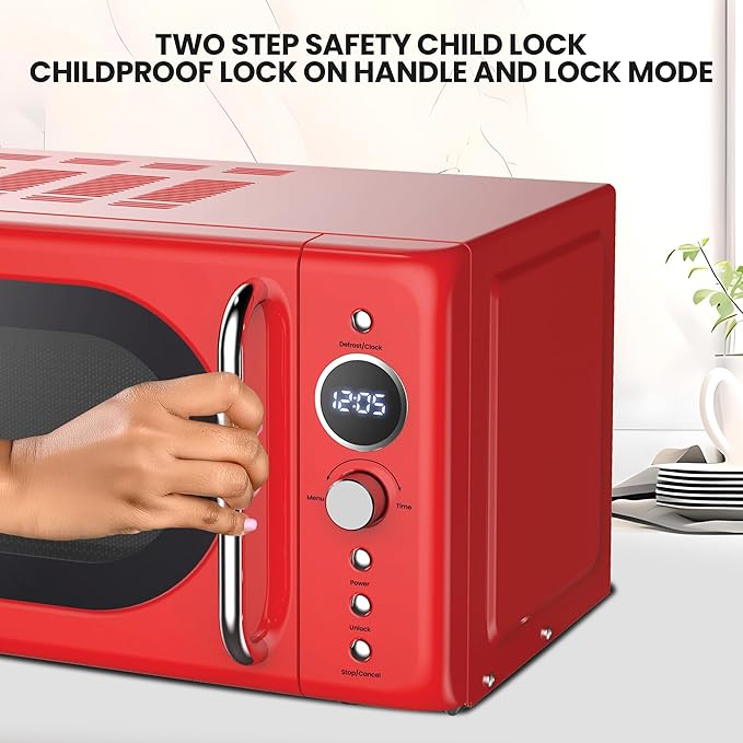 Total Chef Retro Microwave Oven | 20L / 0.7 Cu Ft | Quick Start & Defrost By Weight/Time | 8 Pre-set Cooking Modes For Coffee, Rice, Pasta, Potato, Reheat, Fish, Pizza, Popcorn | 700W | Red