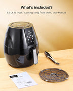 Famiworths Air Fryer, 6.3QT XL Large Electric Hot Airfryer Oven Oilless Cooker, Digital One-Touch Screen with 8 Cooking Mode, Nonstick Basket and Grill Shelf, Includes Cooking Tong, 1500W, Black