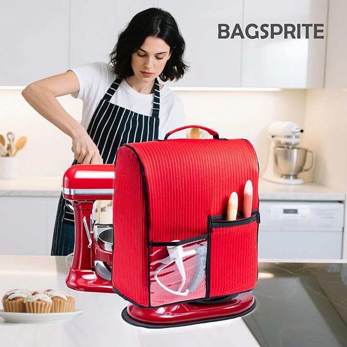 BAGSPRITE Stand Mixer Cover with Applicance Slider for KitchenAid 4.5/5 Quart Bowl Lift Mixers – Kitchen Appliance Dust Cover with Pockets for Kitchen Aid Accessories and Attachments