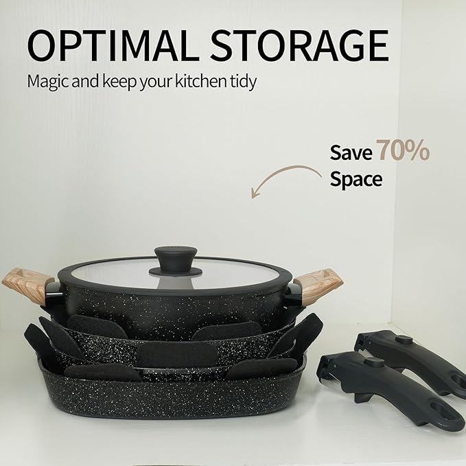 23PCS Ceramic Nonstick Cookware Set, Nonstick Detachable Handle Ceramic Cookware, Induction Kitchen Cooking Set with Removable Handle,include Frying Pans & Saucepans Oven Safe(Black)