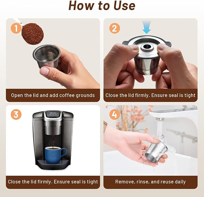 ComfortGrip™ Reusable K Cups – 2-Pack Stainless Steel Coffee Pods with Anti-Scald Silicone Lid, BPA-Free, Easy-Clean Filter – Compatible with Keurig 1.0 Only (Not for 2.0)