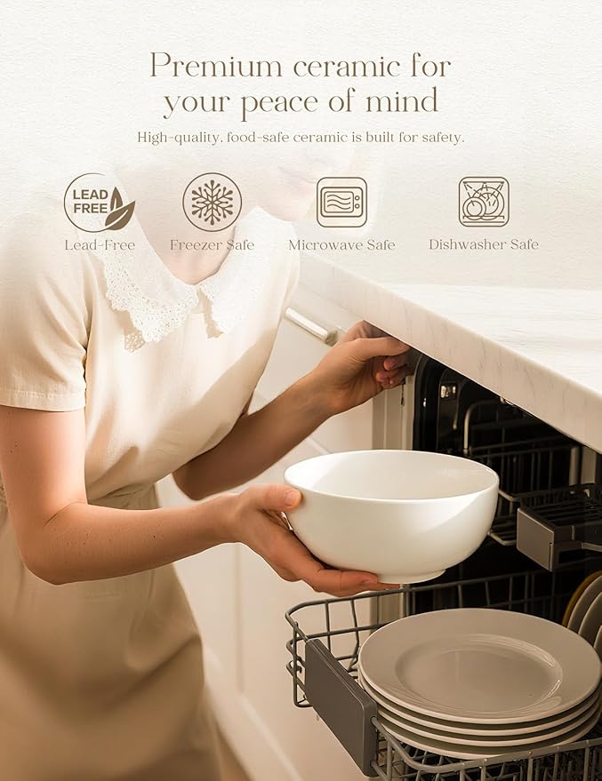 AISBUGUR 28 OZ Soup Bowls,6Inch Ceramic White Bowls Set of 4 for Kitchen,Cereal Bowls for Soup, Cereal, Oatmeal, Fruit, Rice,Bowls Set for Dishwasher & Microwave Safe