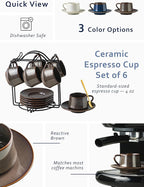 YHOSSEUN Espresso Cups 4 Oz, Porcelain Coffee Cups Set of 6 Espresso Cup with Saucers, Meatal Stand, and Stir Spoons, Brown Expresso Shots Cup