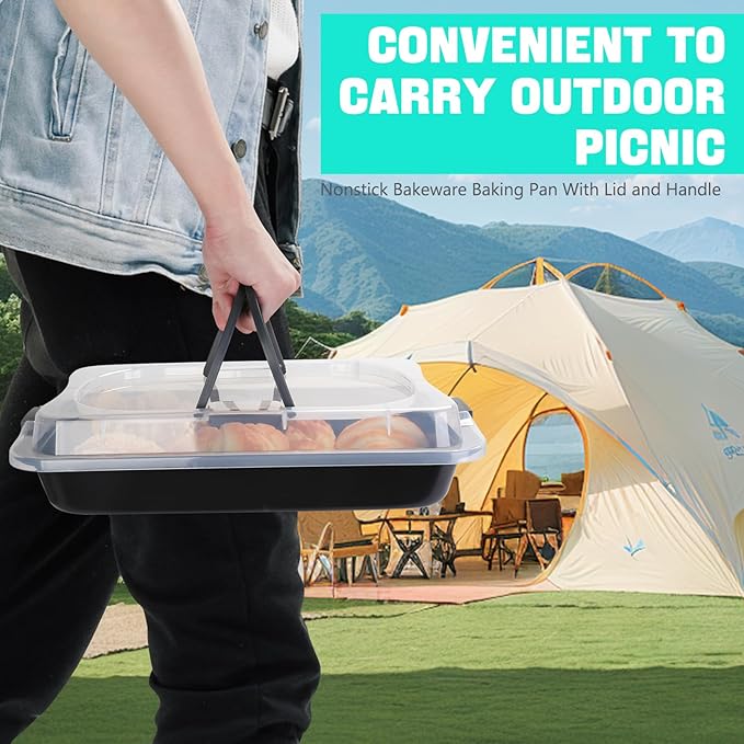 Cake Pan With Lid, 9x13 Inch Rectangular Cake Pan with Wide Handles, Nonstick Bakeware Baking Pan With Lid and Handle, Black