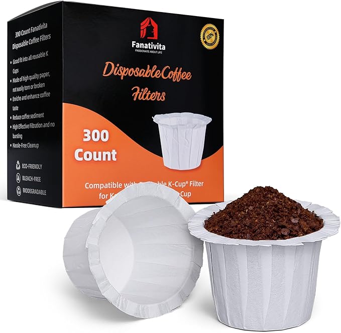 300 Count Fanativita K Cup Coffee Filters Disposable for Keurig Single Cup, Compatible with All Reusable K Cups (White)