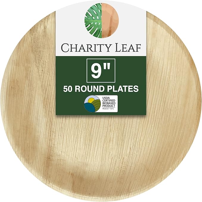 Disposable Palm Leaf 9" Round Plates (50 pieces) Bamboo Like Serving Platters, Disposable Boards, Eco-Friendly Dinnerware For Weddings, Catering, Events