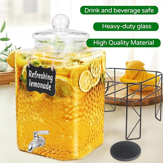 4.6 Gallon Glass Beverage Dispenser with Stand Beverage Dispensers with Ice Cylinder Steel Spigot Hanging Chalkboard Signs Drip Trays Drink Juice Dispenser with Lids for Party Wedding Kitchen