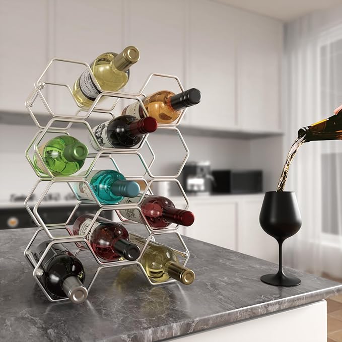Buruis Countertop Wine Rack, 14-Bottle Modern Freestanding Metal Holder for Red and White Wine, Tabletop, Kitchen, Bar, and Cabinet Storage (Chrome)