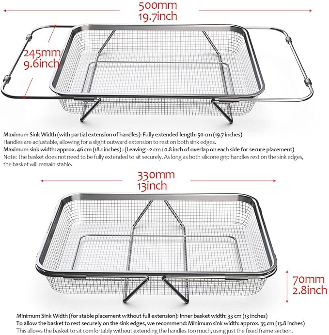 Extendable Dish Rack with Feet, Vegetable Colander Basket, Stainless Steel Dish or Silverware Drying Rack, Ultimate Kitchen Organizer Over The Sink (14.76 x 10.63 x 3.15 Inches)