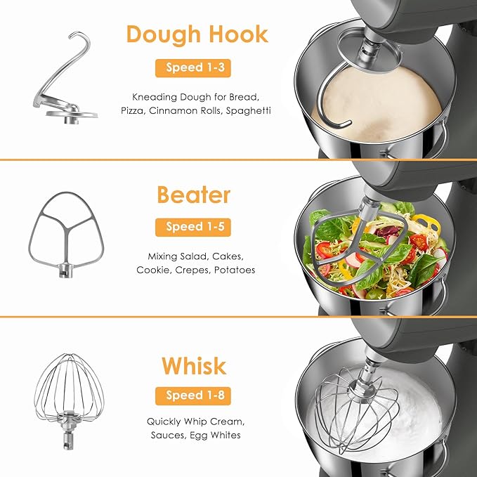 ZACME Mixers Kitchen Electric Stand Mixer 5.5QT 600W, Aluminum die casting and Gears, Dual Cooling System, Low Noise, DC Motor, LED Display and Timing Function, Tilt-head Metal Food Mixer, Grey