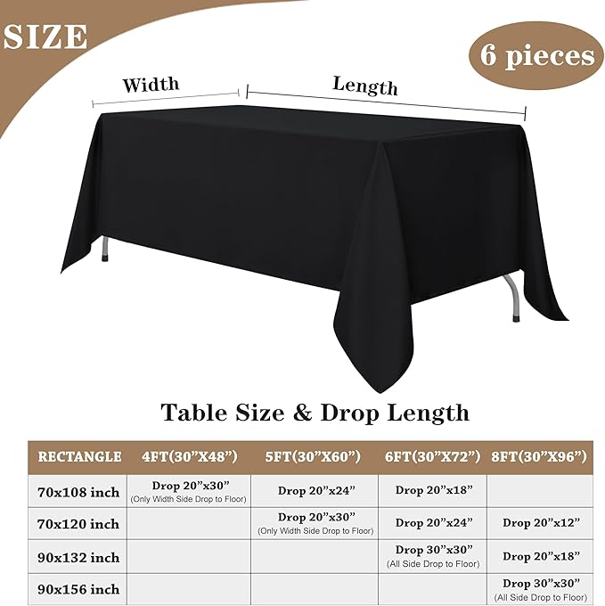 Fitable Black Rectangle Tablecloths for 6 Foot Tables, 6 Pack - 70 x 108 Inches - Stain Resistant and Washable Table Clothes, Polyester Fabric Table Covers for Wedding, Party, Banquet, Buffect