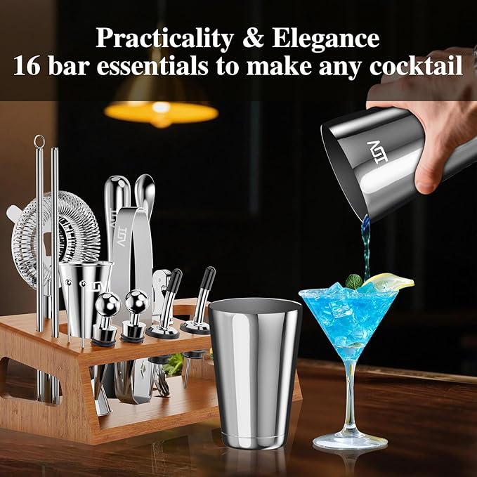 IOV Mixology Bartender Kit Bar Set with Stand | 17-Piece Cocktail Shaker Set | 28oz Boston Shaker Drink Mixer Set with All Essential Accessory Tools | Fun Housewarming Gift (Silver)