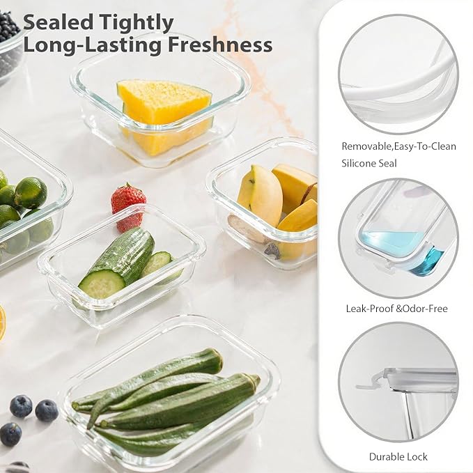 30 Pieces Glass Food Storage Containers with Snap Locking Lids,Glass Meal Prep Containers Set - Airtight Lunch Containers, Microwave, Oven, Freezer and Dishwasher White
