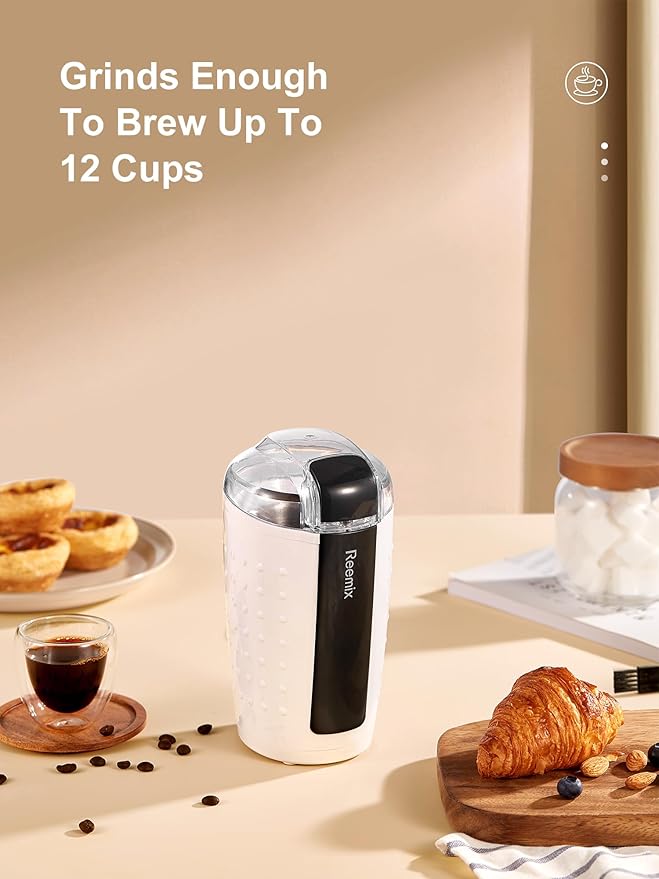 Coffee Grinder, Electric Coffee Grinder with 3.5Oz Large capacity, One-Touch Coffee and Spice Grinder with Stainless Blade, Cleaner Brush And Spoon for Home Use (White)