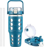 MUKOKO 32 oz Glass Tumbler with Straw,Glass Water Bottles with Time Marker,Iced Coffee Cup with Silicone Sleeve,Motivational Drinking Bottles,Leakproof-Steel Blue