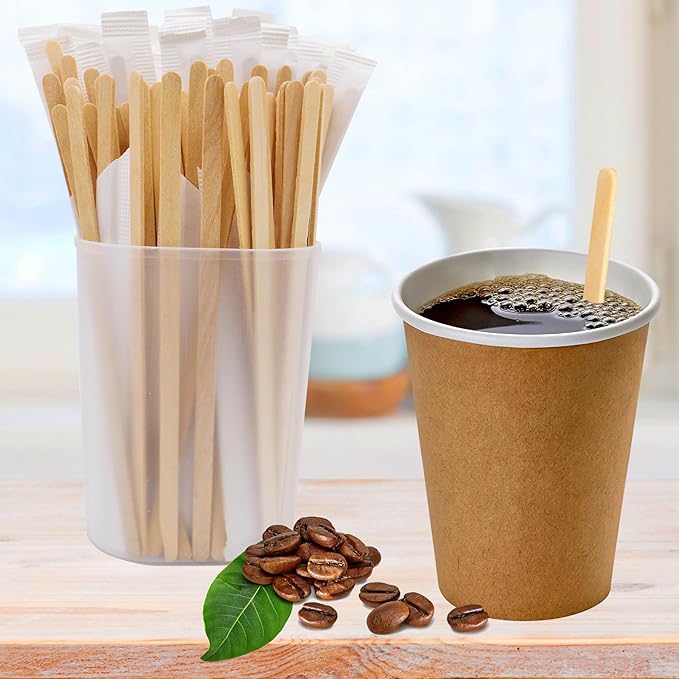 200PCS 5.5 in Individually Wrapped in Paper Wooden Coffee Stirrers, A+++Level Smooth Rounded Edges Wood Sticks for Daily Use or Other DIY Craft Design (200pcs)
