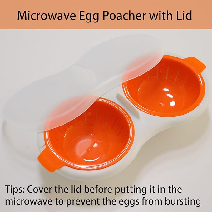2 Cavity Microwave Egg Poacher, Microwavable Poached Egg Cooker with Lid & Handle Double Layer Microwave Egg Poacher Boiled Eggs Maker Poached Egg Cup for Breakfast with Oil Brush