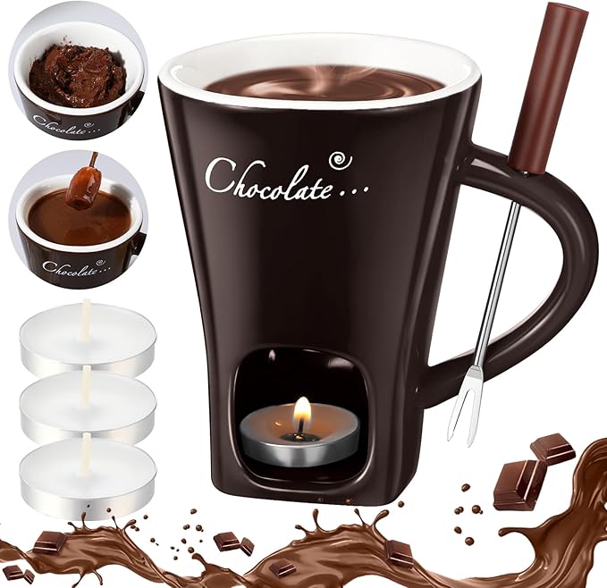 Honeydak Chocolate Fondue Mug with Fork and Candle Sweet Ceramic Personal Chocolate Melting Cup Chocolate Fondue Mug Ideal Gifts for Birthday Date Night Birthday Wedding Gifts (Brown)