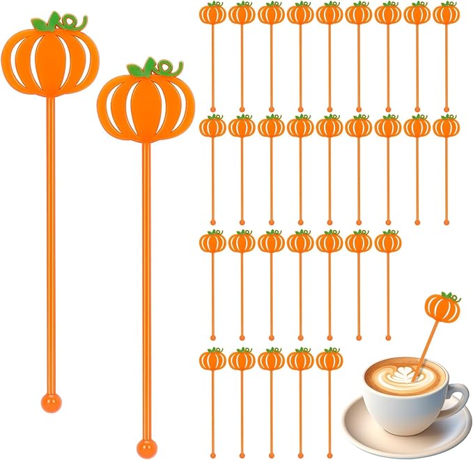 36 Pcs Fall Cocktail Stirrers, Pumpkin Drink Stirrers Plastic Swizzle Sticks Reusable Coffee Stirrer Stir Sticks for Halloween Autumn Thanksgiving Party Tea Coffee Bar Decoration